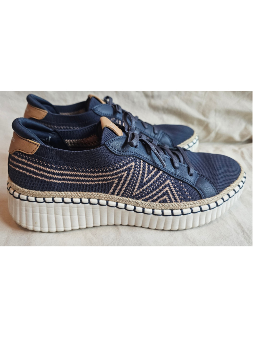 Skechers Navy and Tan Platform Knit Sneakers